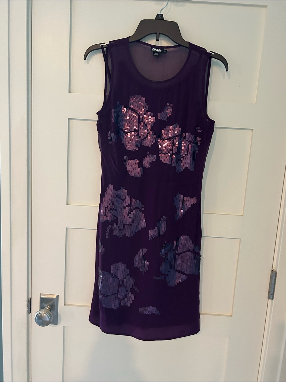 DKNY Sleeveless Sequin Floral Dress in Berry
